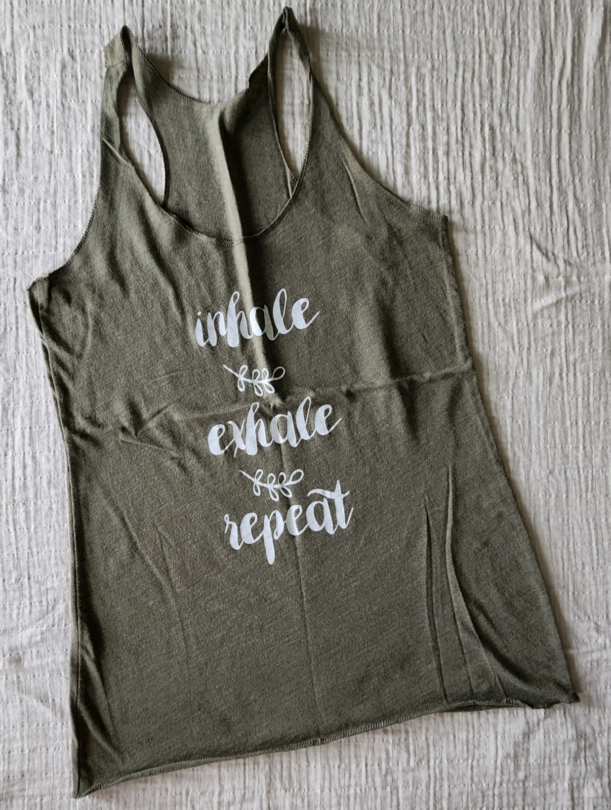 Inhale Exhale Repeat Olive Green Brown Tank Top Womans Small – See Measurements