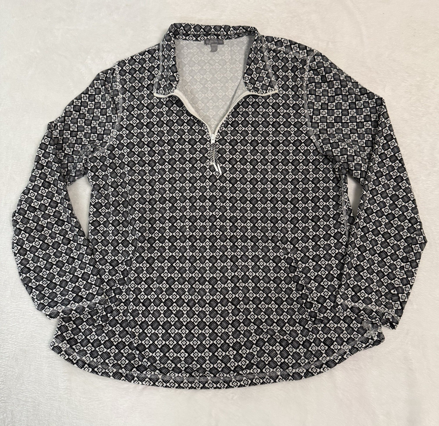 T by Talbots Women’s Large Quarter Zip Pullover Black White Geometric Stretch