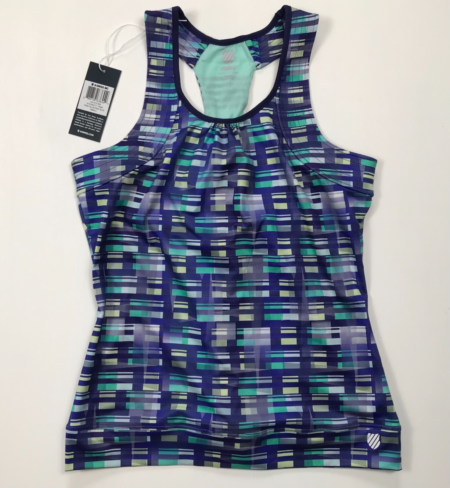K SWISS Eternity Tank Top Womens Small Blue Multi Draped Wrap Slit Back NWT