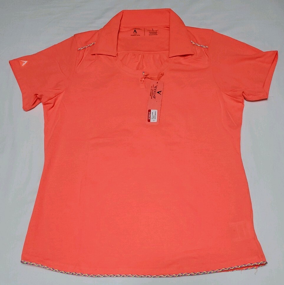 NEW Antigua Women’s Clever Desert Dry Golf Polo Neon Peach Orange Size L Large