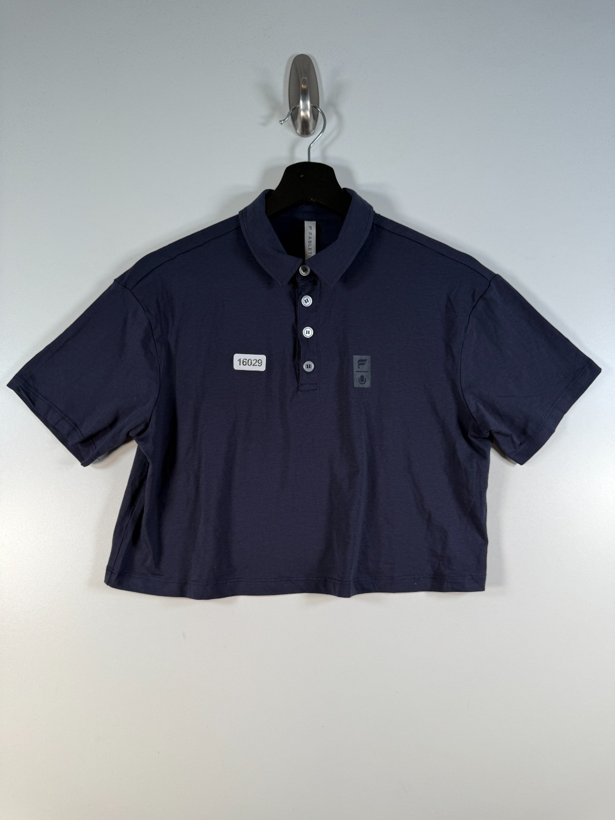 BNWT Fabletics Womens Cropped Boxy Preppy Polo Shirt Top Blue Sz XS 18.5×17