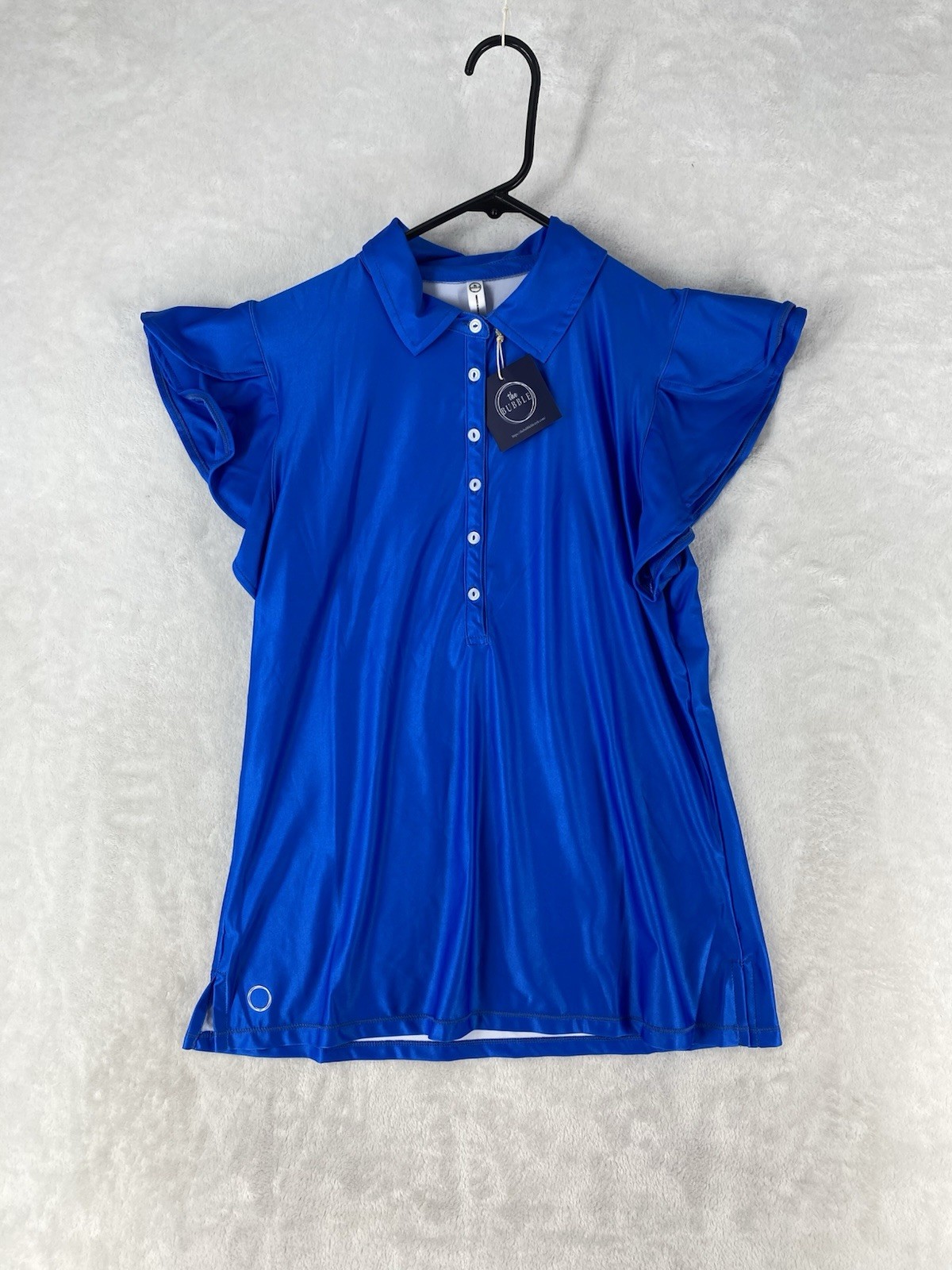 The Bubble Shirt Womens Medium Flutter Sleeve Polo Tennis Golf Top Blue NEW $116