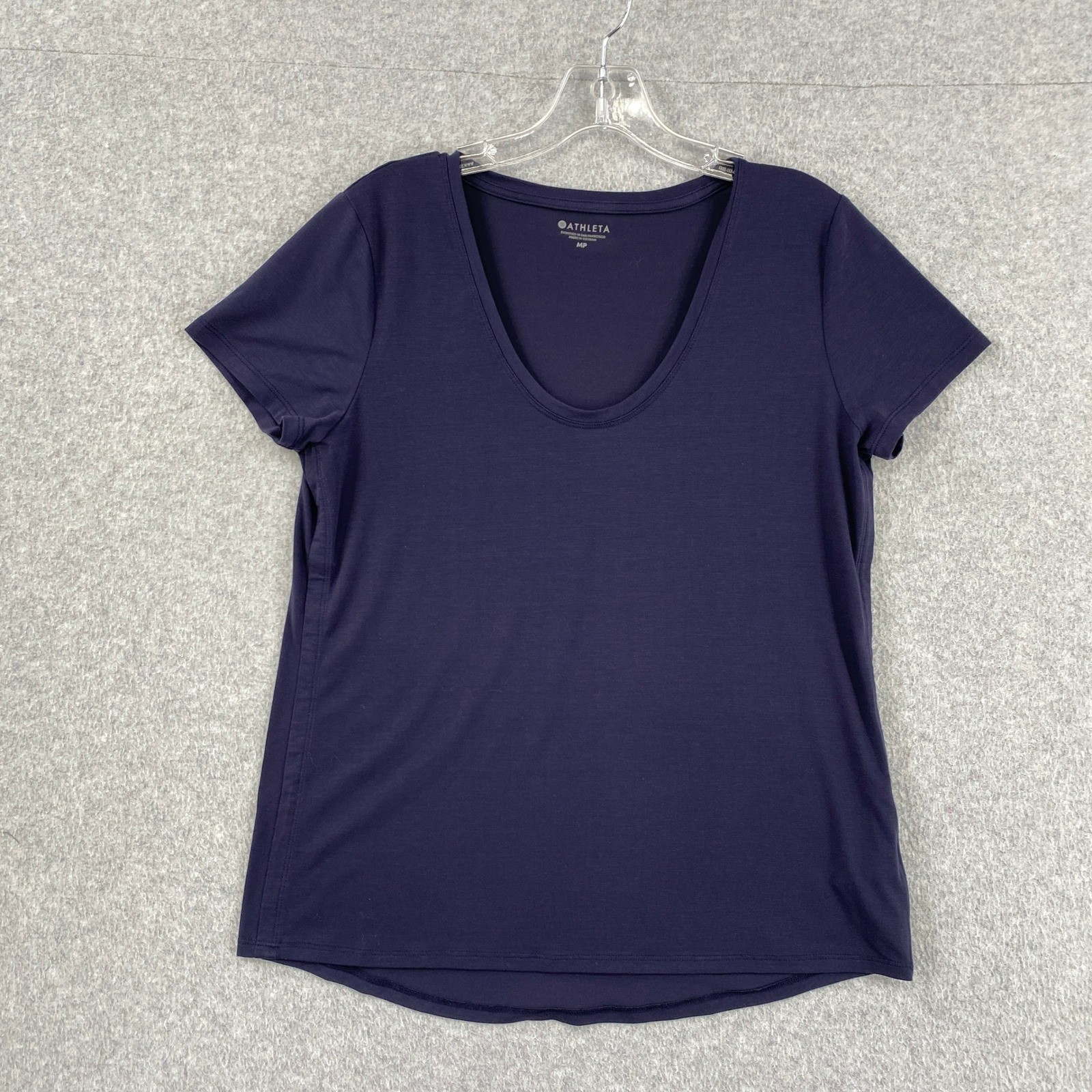 Athleta Top Womens MP Navy Scoop Neck Short Sleeve Curved Hem Stretch Active
