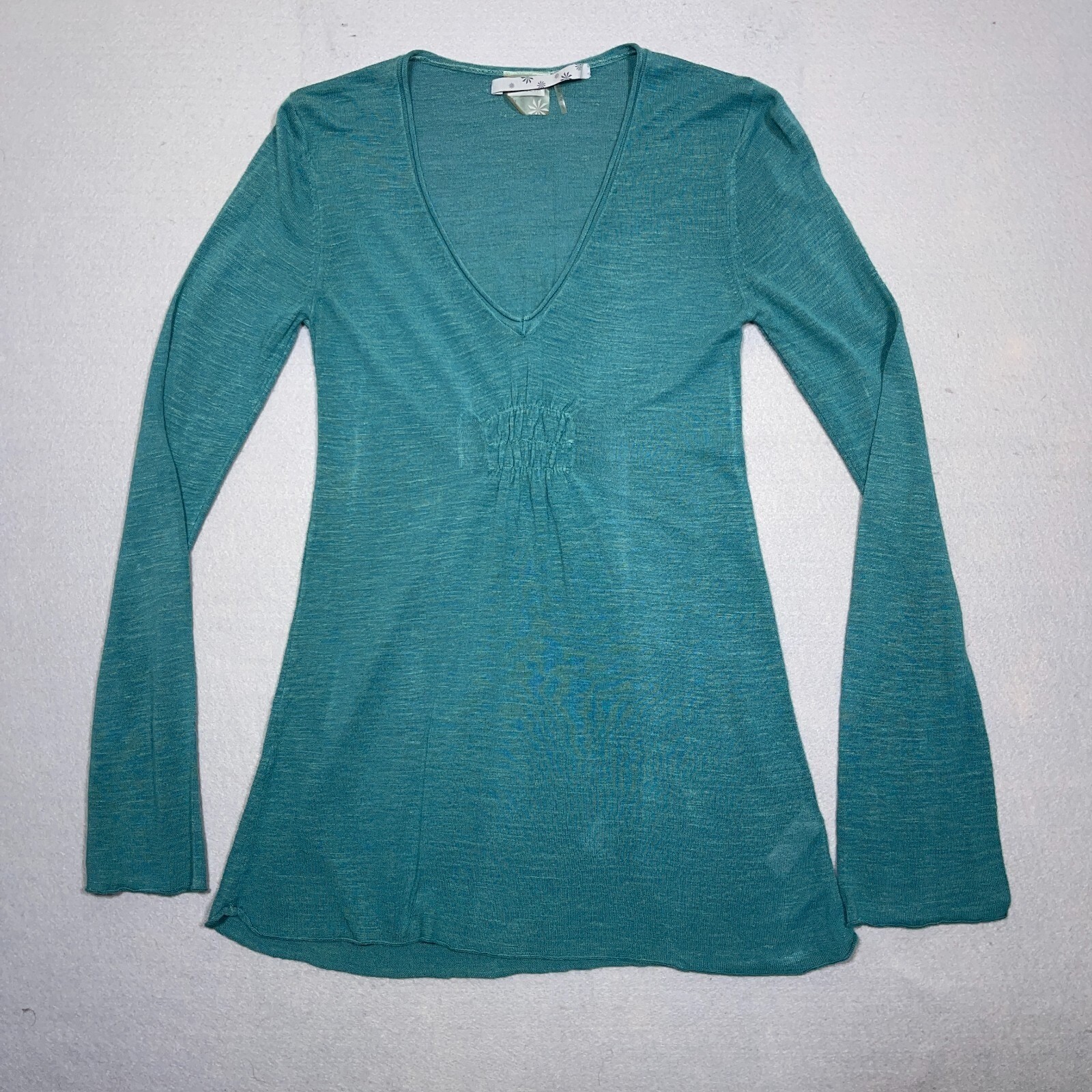 Athleta V Neck Top Women XS Slim Fit Teal Blue Linen Blend Slub Knit Minimalist
