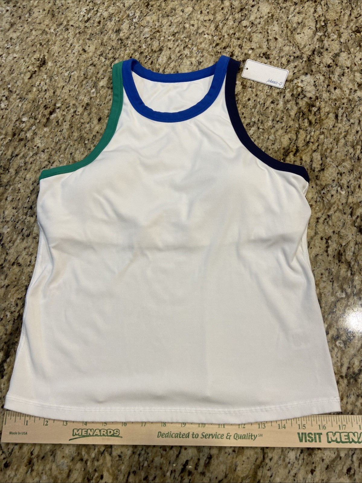 Johnnie O Sport White Blue Green Sport Tank Top Built In Bra Sz L NWT New Large