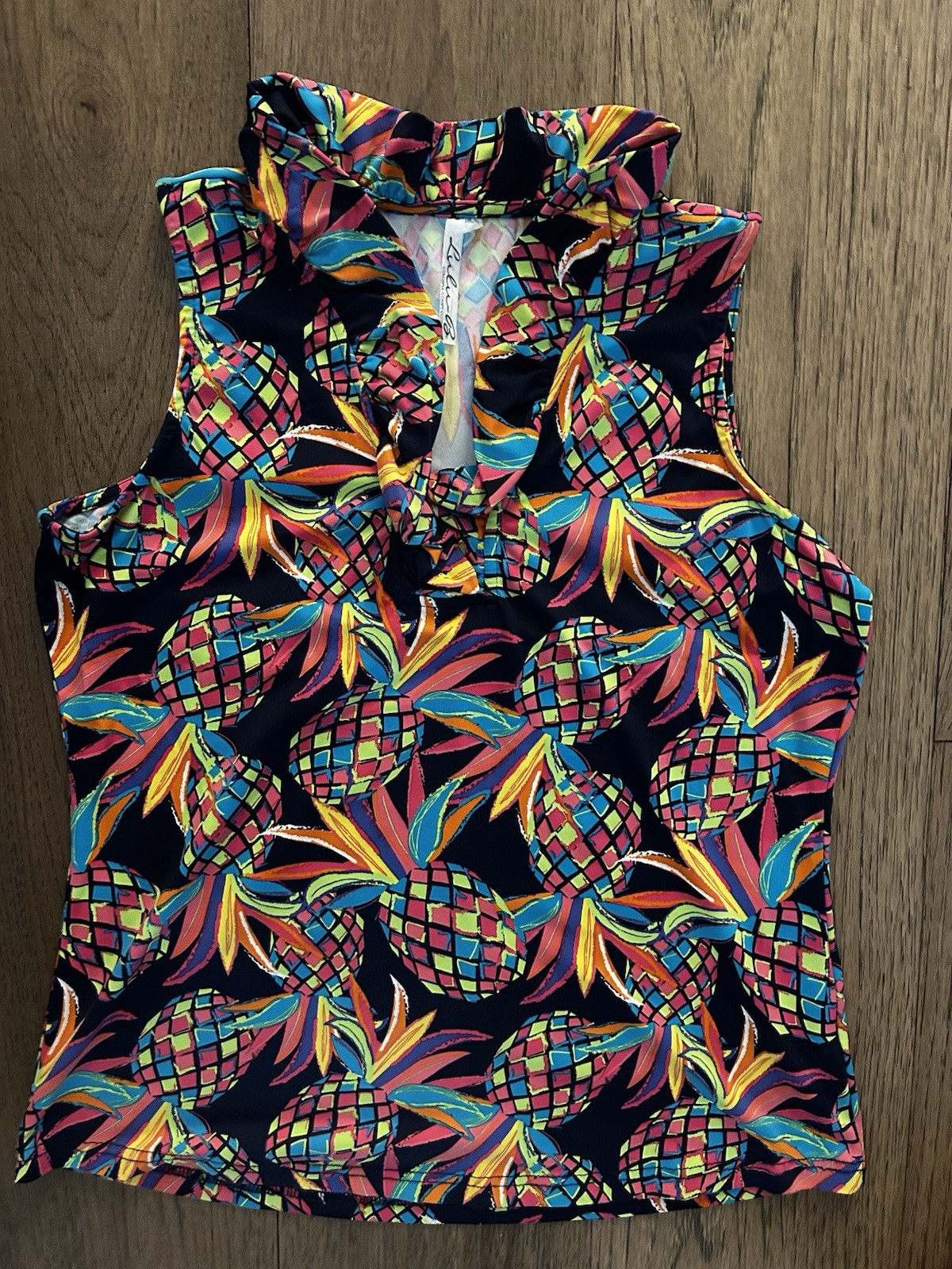 Lulu B Blue Pink Small S Ruffle Sleeveless SPF50+ Tank Shirt Pineapple