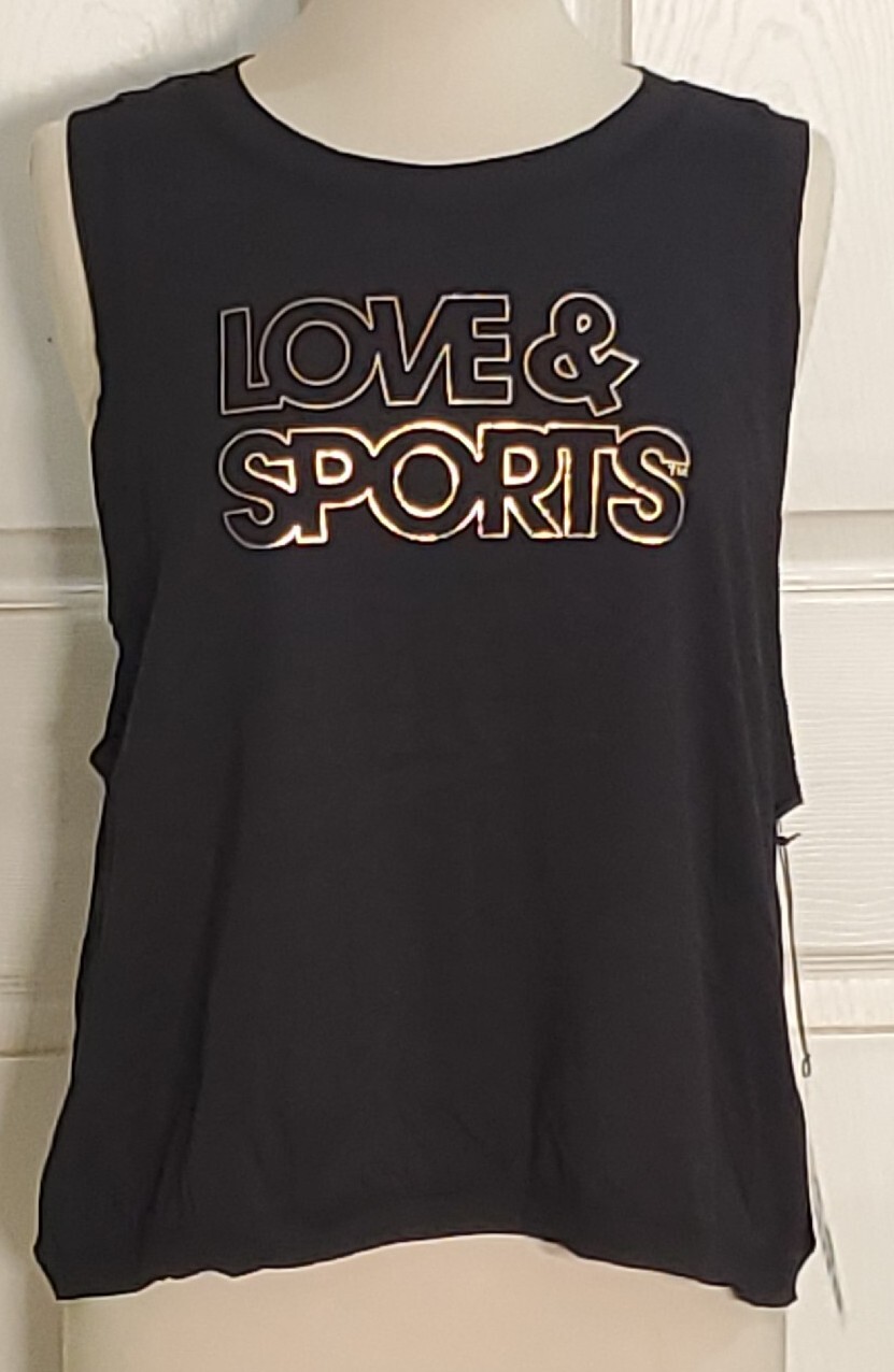 Love & Sports Muscle Tank Women’s XS S L XL Crop Black Gold Raw Edging NEW