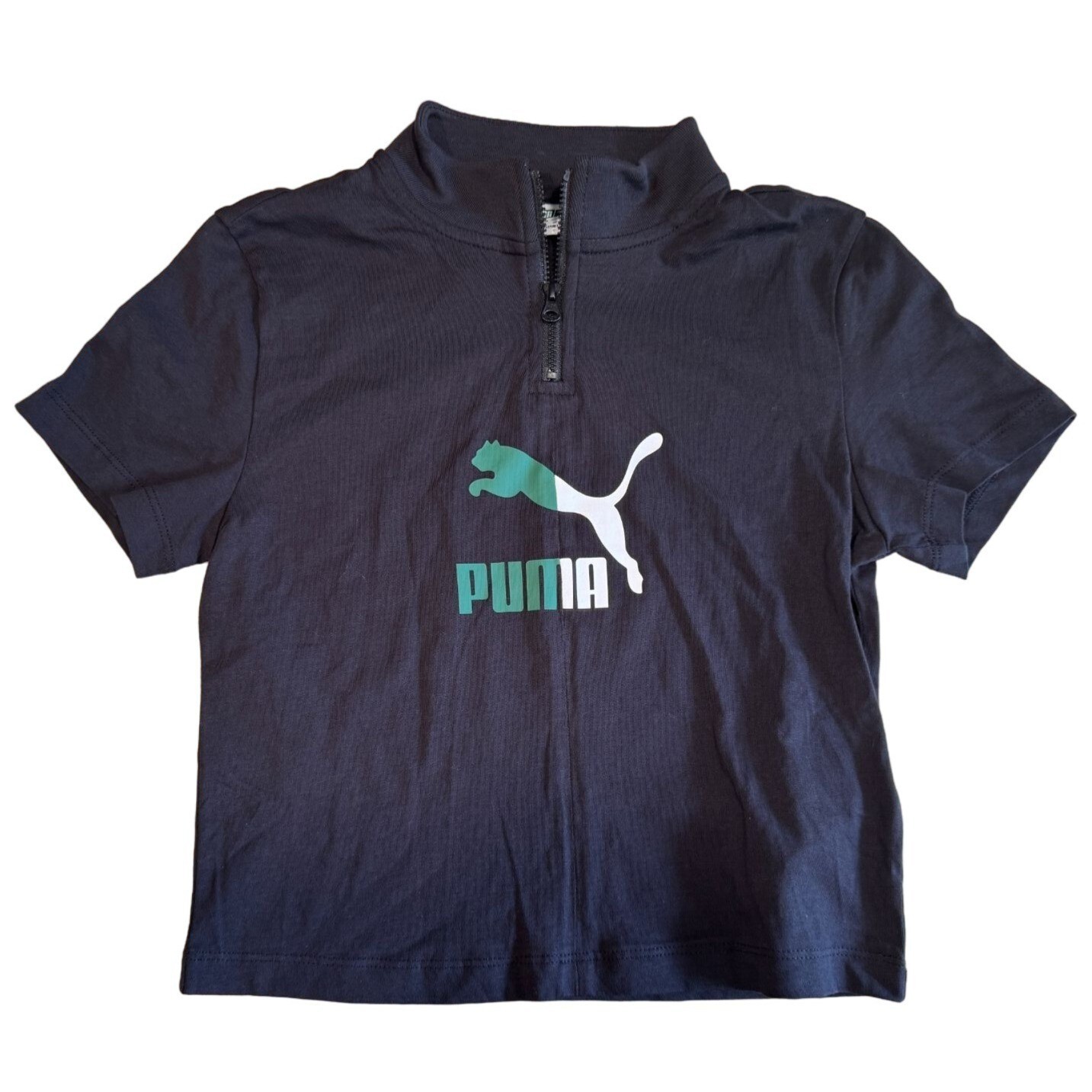 Puma Classic Quarter-Zip Tee Slim Fit Black with Green/White Logo Women’s Small
