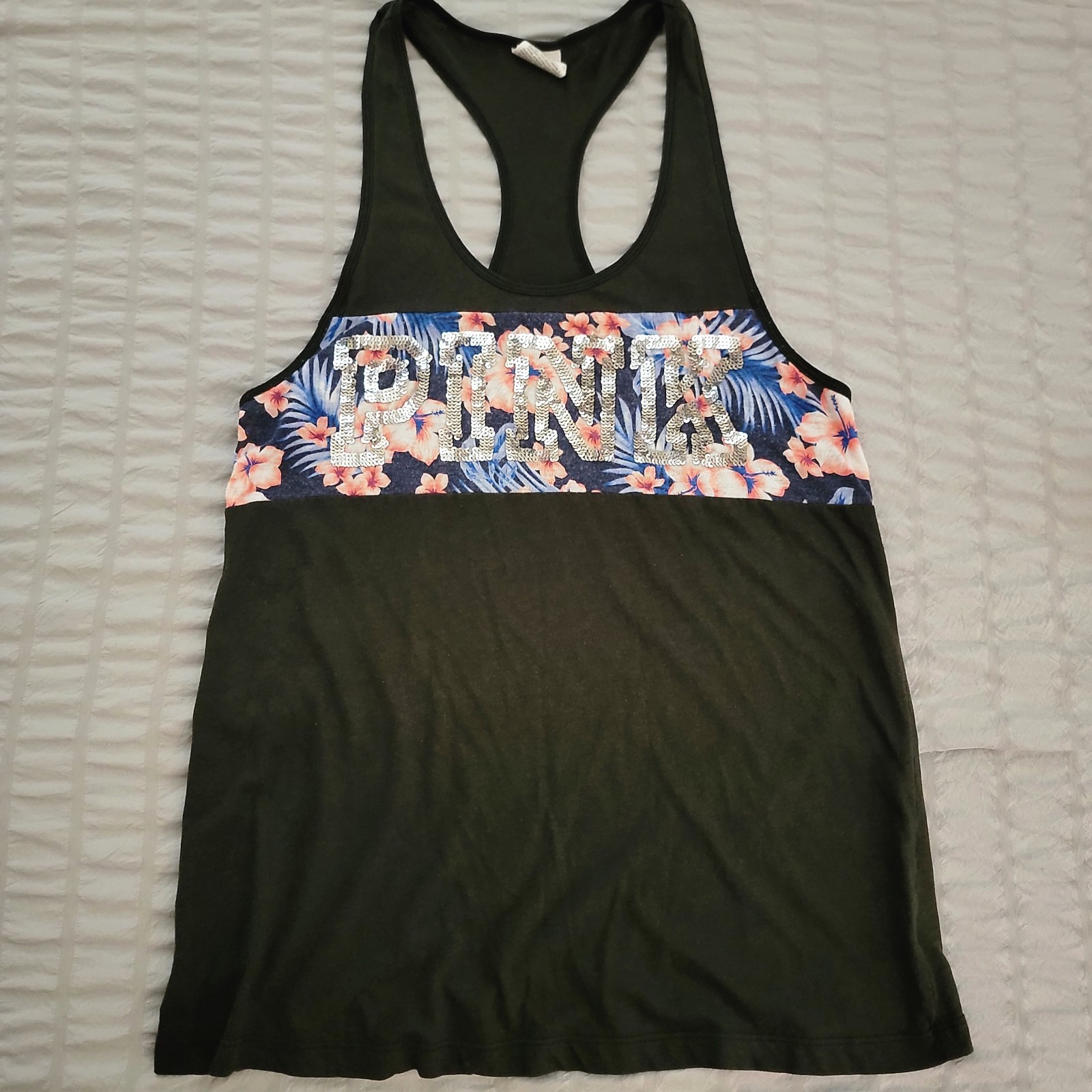 PINK Victoria’s Secret Women’s Black Racerback Tank Floral Sequin Logo XS
