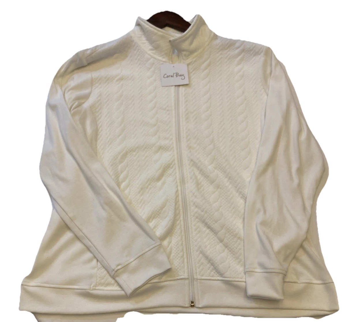 Coral Bay Women’s Cable Textured Off White Full Zip Jacket XLarge NWT Stretch