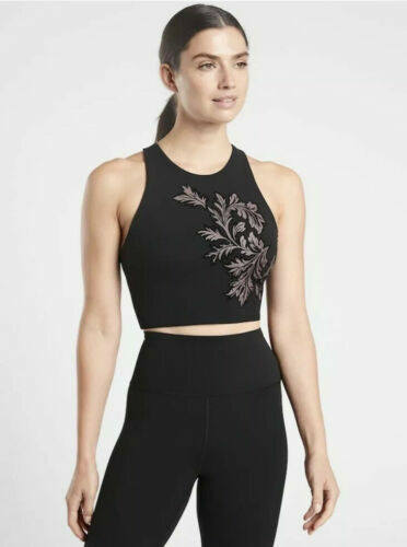 Athleta Conscious Crop Flocked A-C in Black Damask Leaves NWT $64 S Small