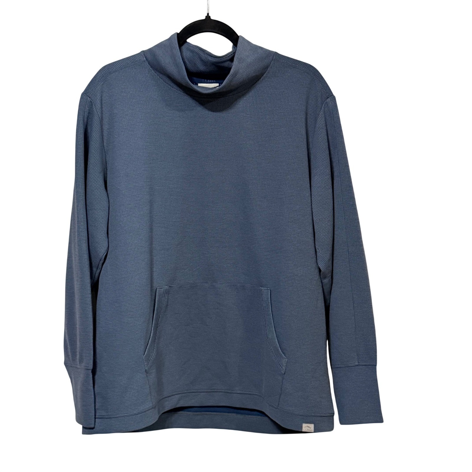 LL Bean Beyond Soft Waffle Pullover Funnel Neck Blue Kangaroo Pocket 526408 L