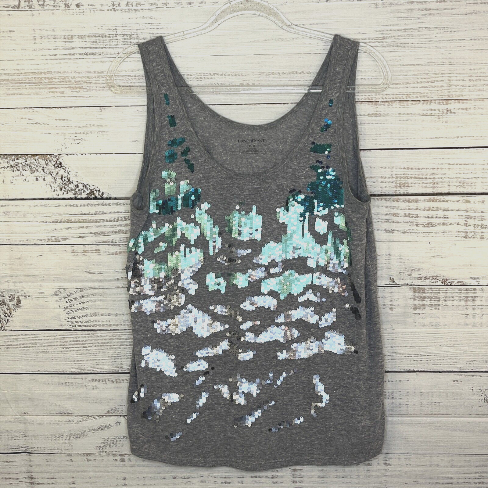 Lane Bryant Tank Shirt Womens 14/16 Gray Sheer Blue Sequins Linen Polyester