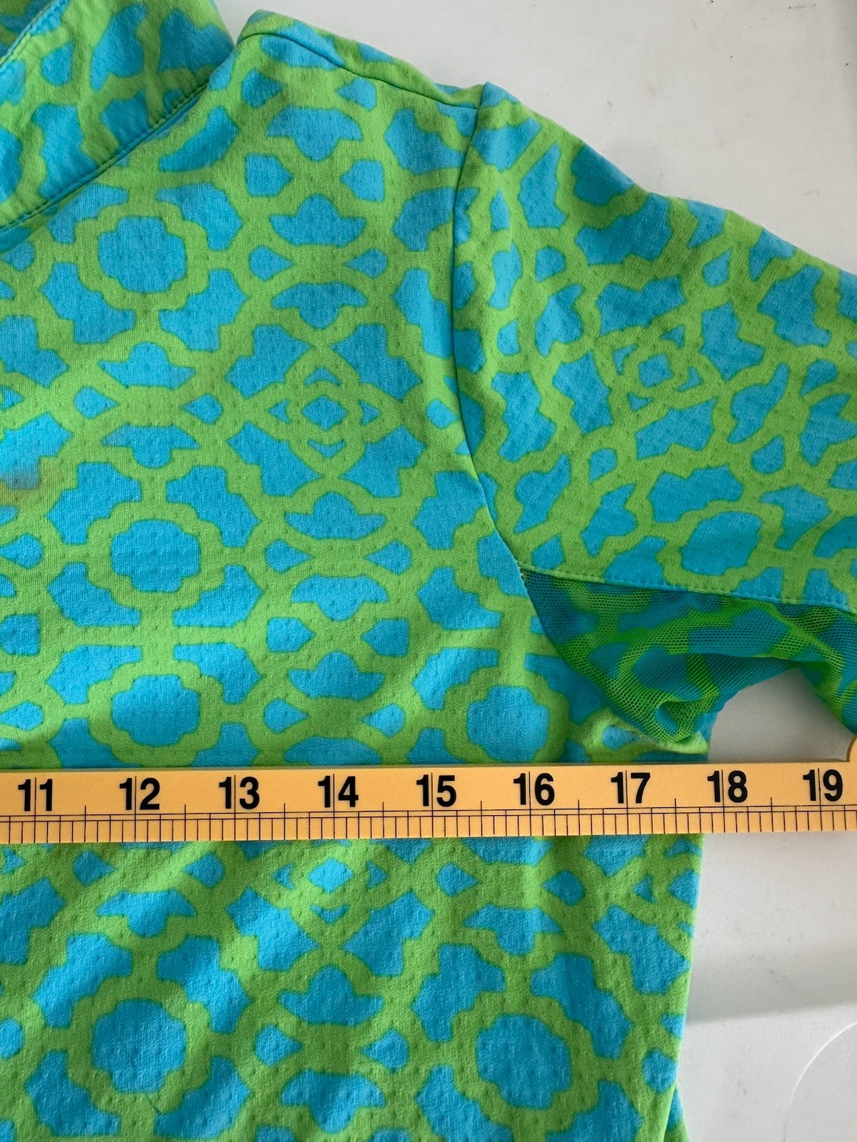 ICIKULS Geometric Small 1/4 Zip Pullover Top Blue Green Mesh Long Sleeve Flaw