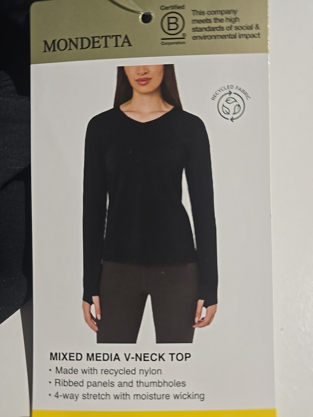 Mondetta Women’s Mixed Media V-Neck Top, Black, Size S