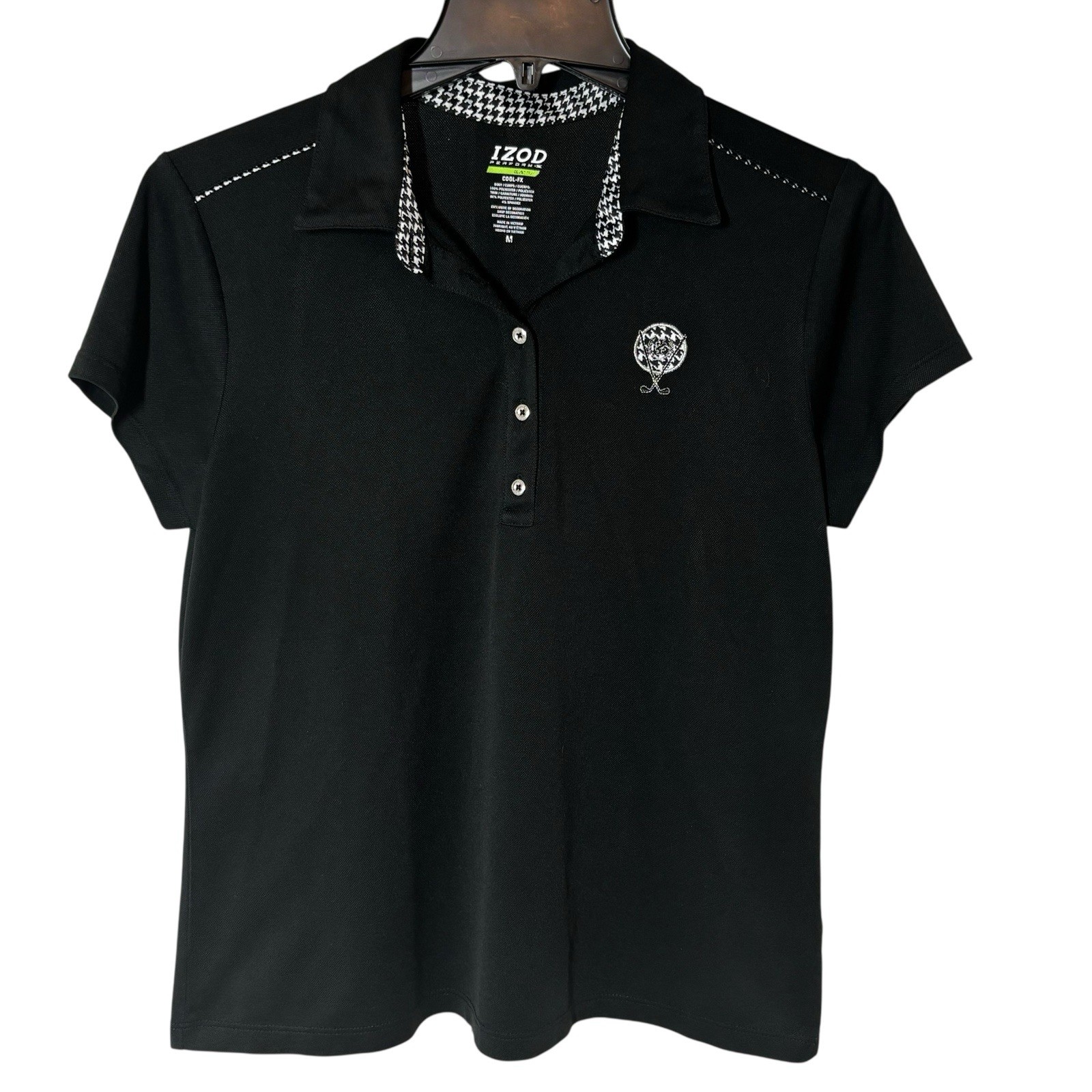 Izod Women’s M Black Performance Cool-FX Polo Top Houndstooth Trim Preppy