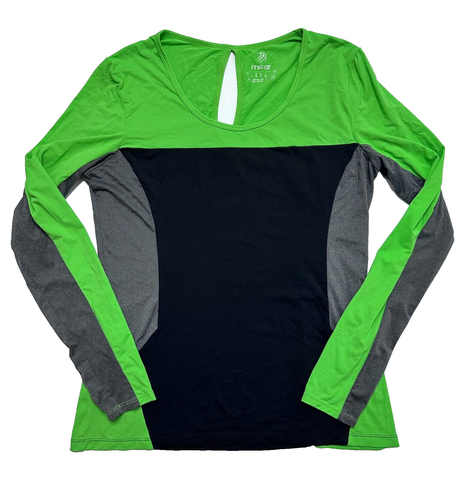 MPG Womens Athletic Green Grey Black Colorblock Long Sleeved Keyhole Back Size L