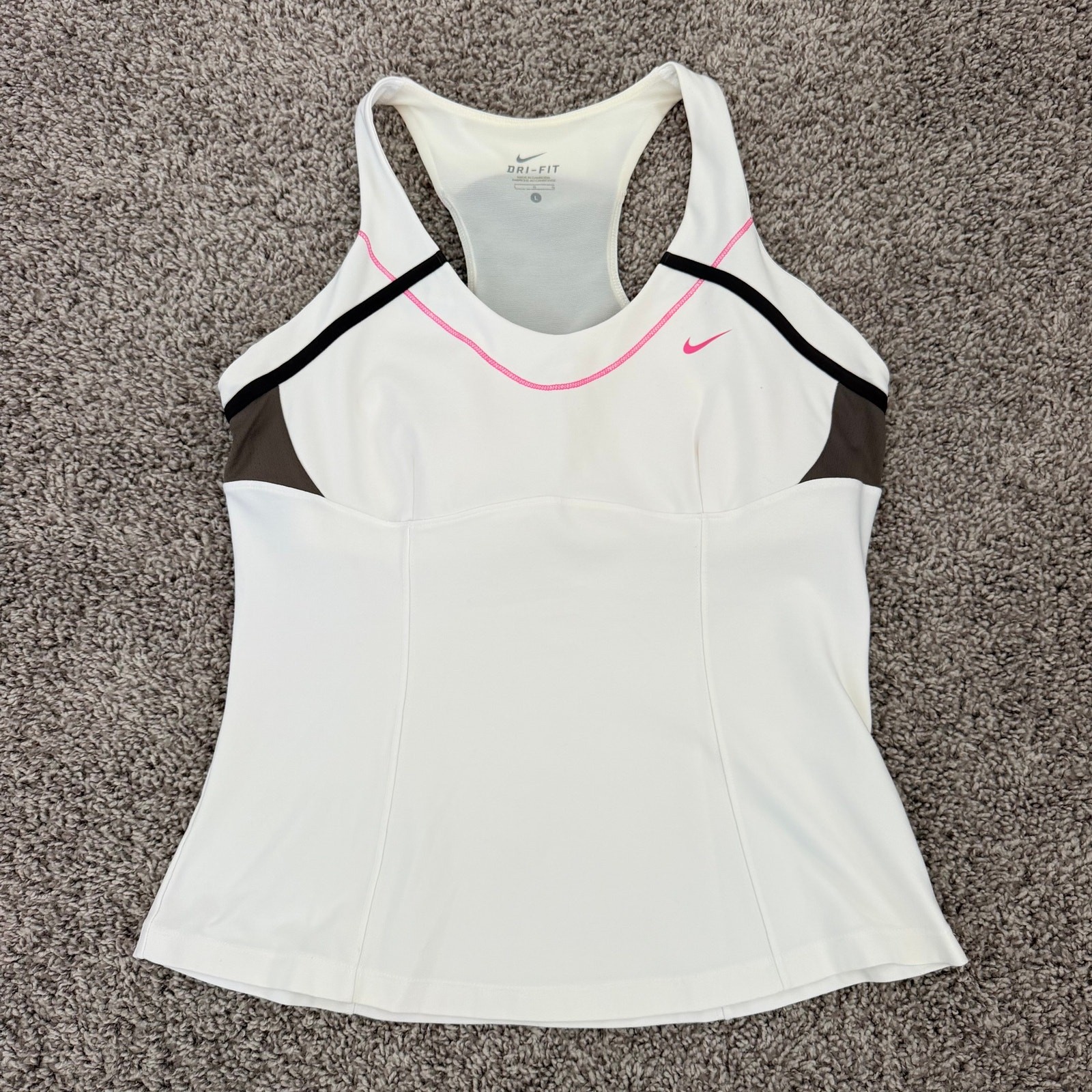 Nike Dri-Fit Tanke Women’s Large White Pink Trim Shelf Bra Rounded V-Neck
