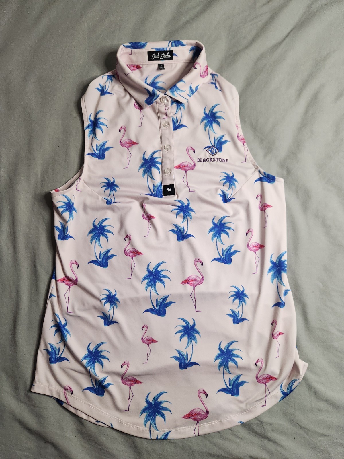 Bad Birdie Sleeveless Polo Shirt Womens Sz Large Colorful Flamingo Tropical NEW