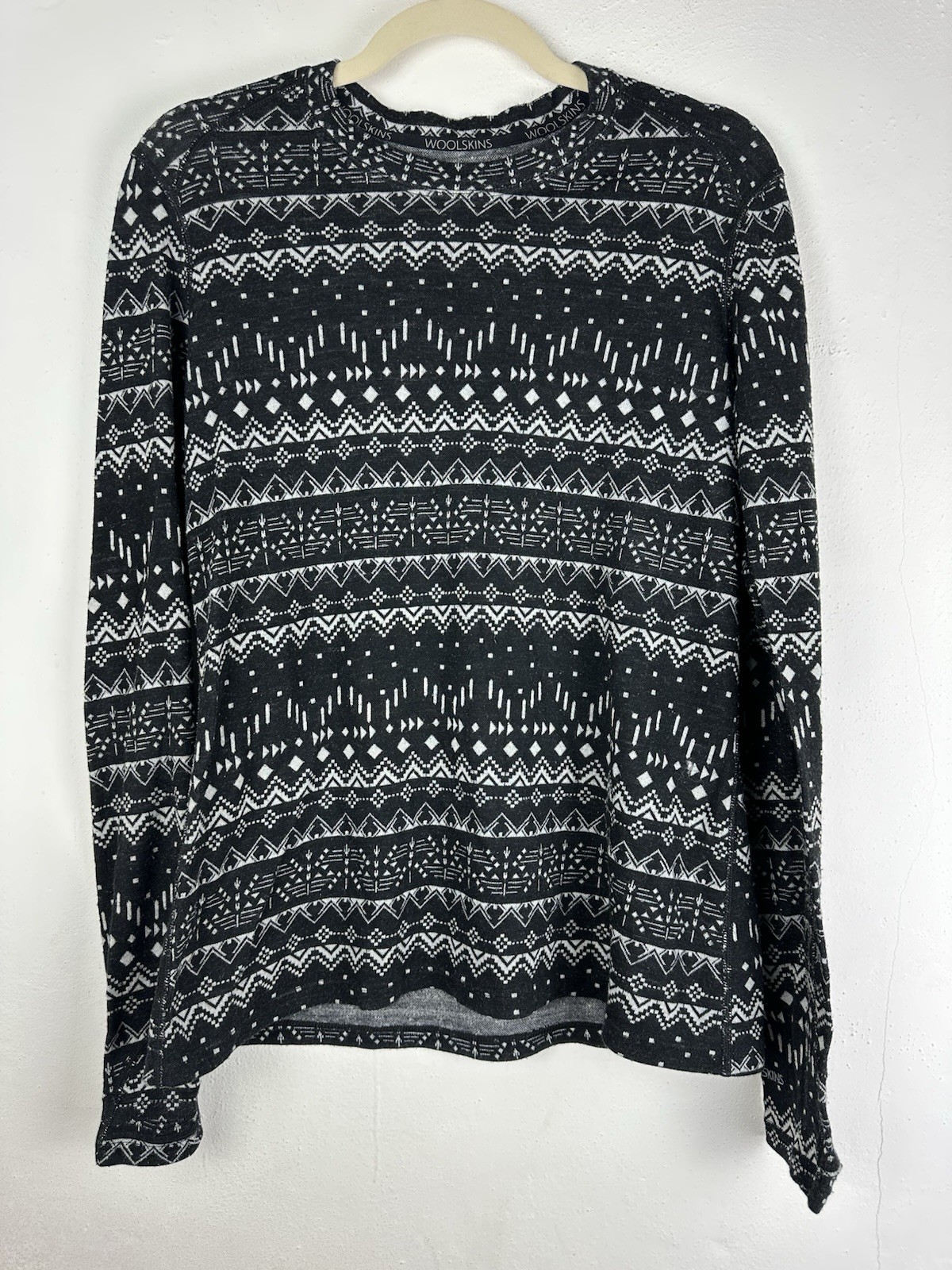 Woolskins Terramar Sz L Merino Wool Fair Isle Print Long Sleeve Pullover Black