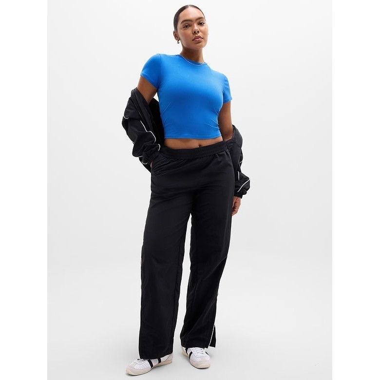 Athleta Renew Ribbed Cropped Tee Blue Short Sleeve Crew Neck Yoga Top Large