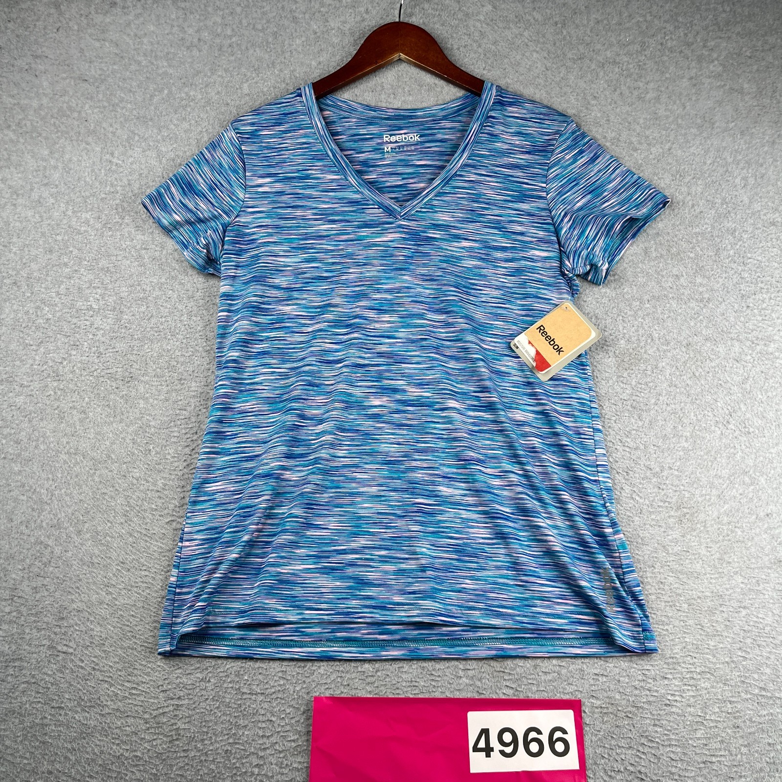 Reebok Performance Gym T Shirt Blue Pink Heather Stretch V Neck Medium NEW NWT
