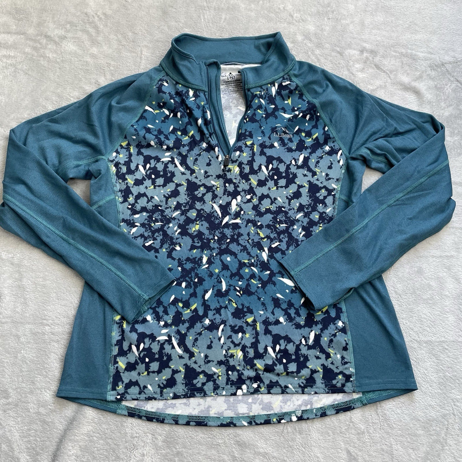 LL Bean 1/4 Zip Baselayer Shirt Large Petite LP Womens Midweight Teal Printed