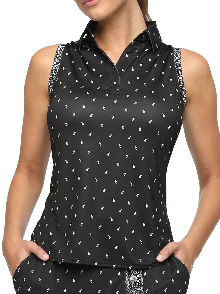 NWT BELYN KEY Black Bandana Print Action Sleeveless Golf Shirt XS S M L XL XXL