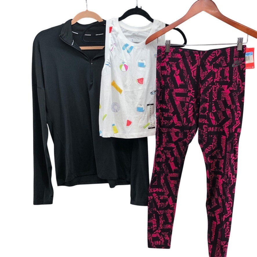 Nike Activewear Bundle Womens Medium Black Pink White Pullover Tank Leggings 3pc