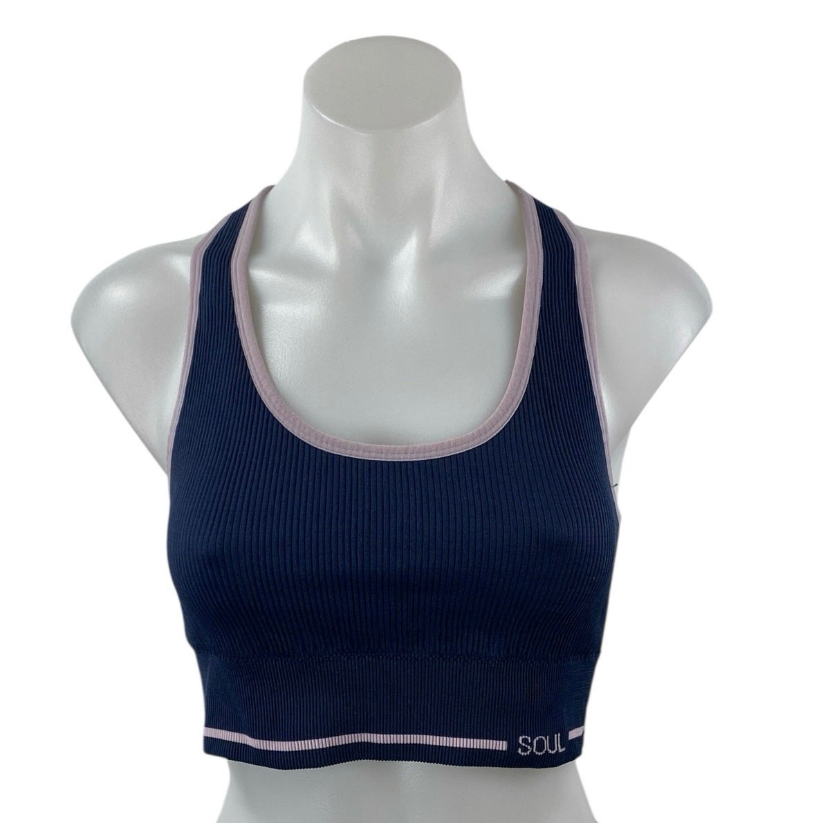 SOUL Women’s Blue Pink Ribbed Knit Racerback Yoga Athletic Sports Bra Crop Top L