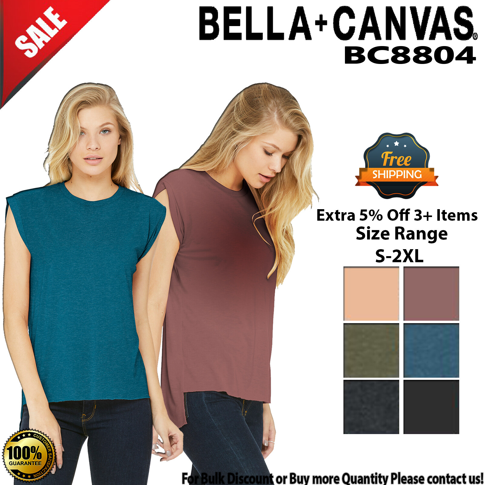 BELLA+CANVAS Womens Sleeveless Flowy Muscle T-Shirt With Rolled Cuffs BC8804