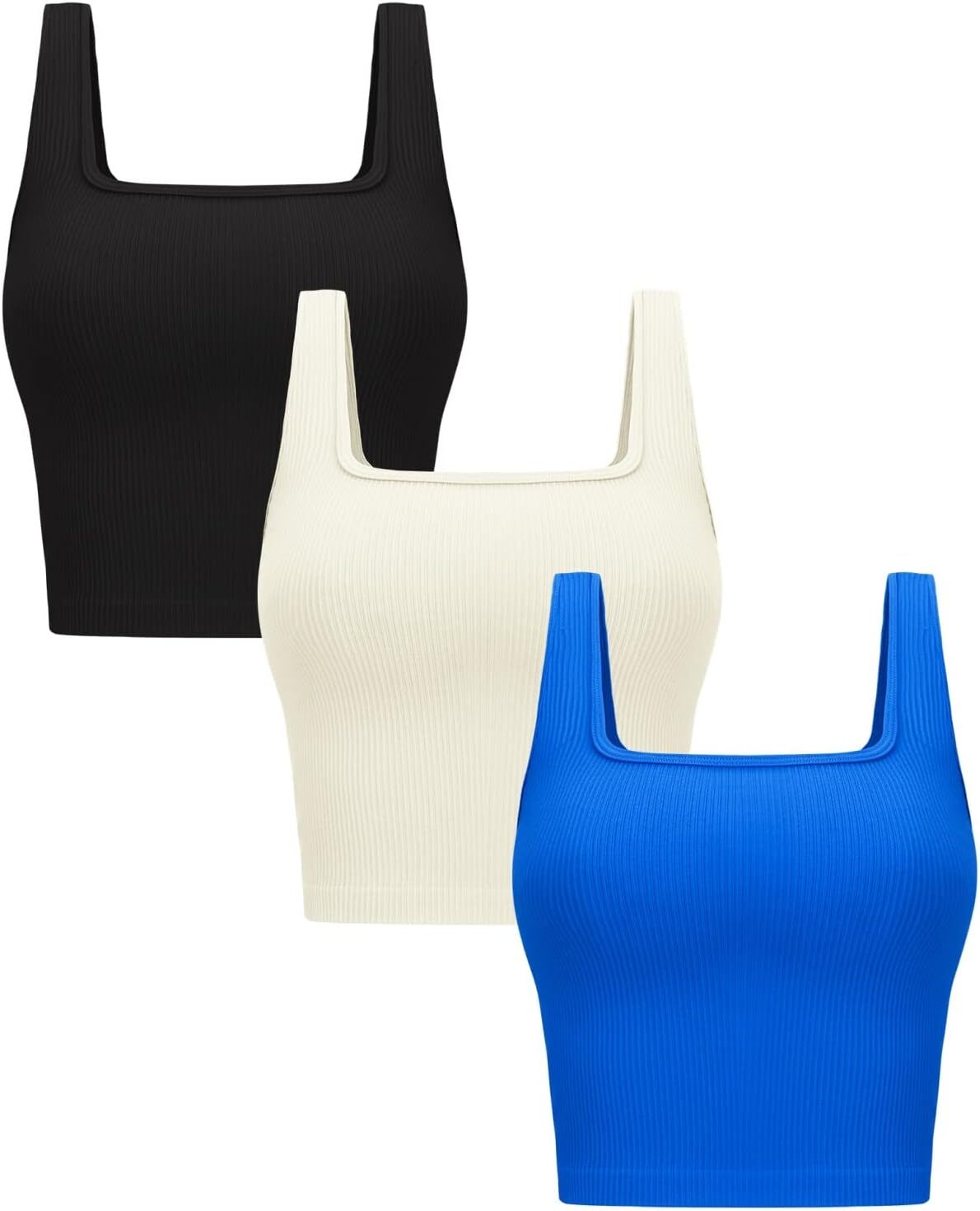 Womens 3 Pack Crop Tank Tops Basic Seamless Ribbed Sleeveless Square Neck Top