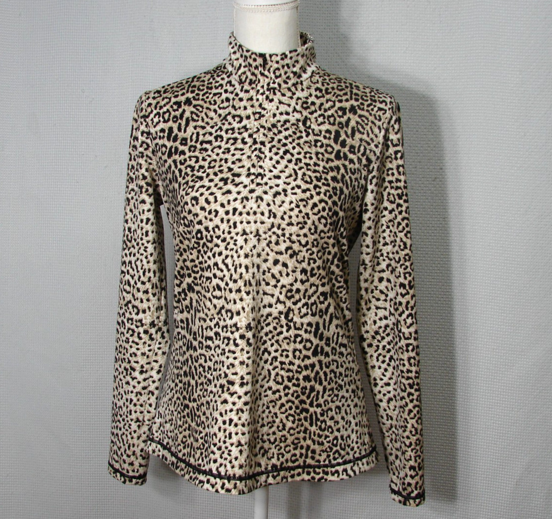 J McLaughlin 1/4 Zip Pullover Top Medium Beige Black Animal Print Stretch Flaw