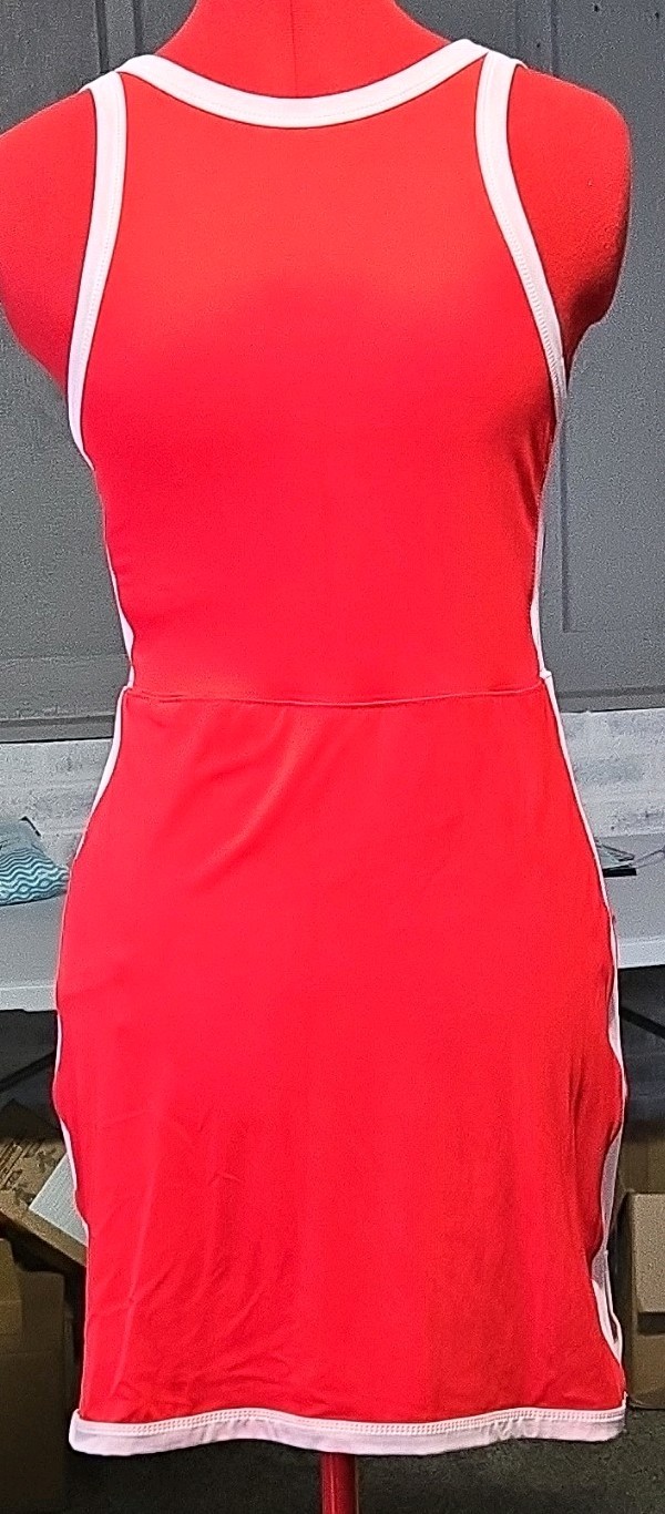 Women’s Tennis Tank Dress w/ Built-In Shorts High Neck Stretch Red/White M