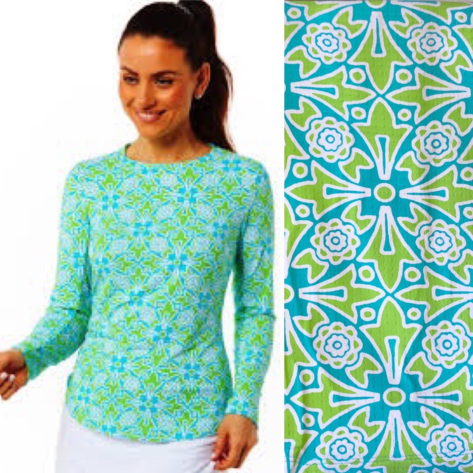 IBKUL Top Plus Size 2XL XXL Moroccan Tile Turquoise Lime Golf Tennis Pickleball