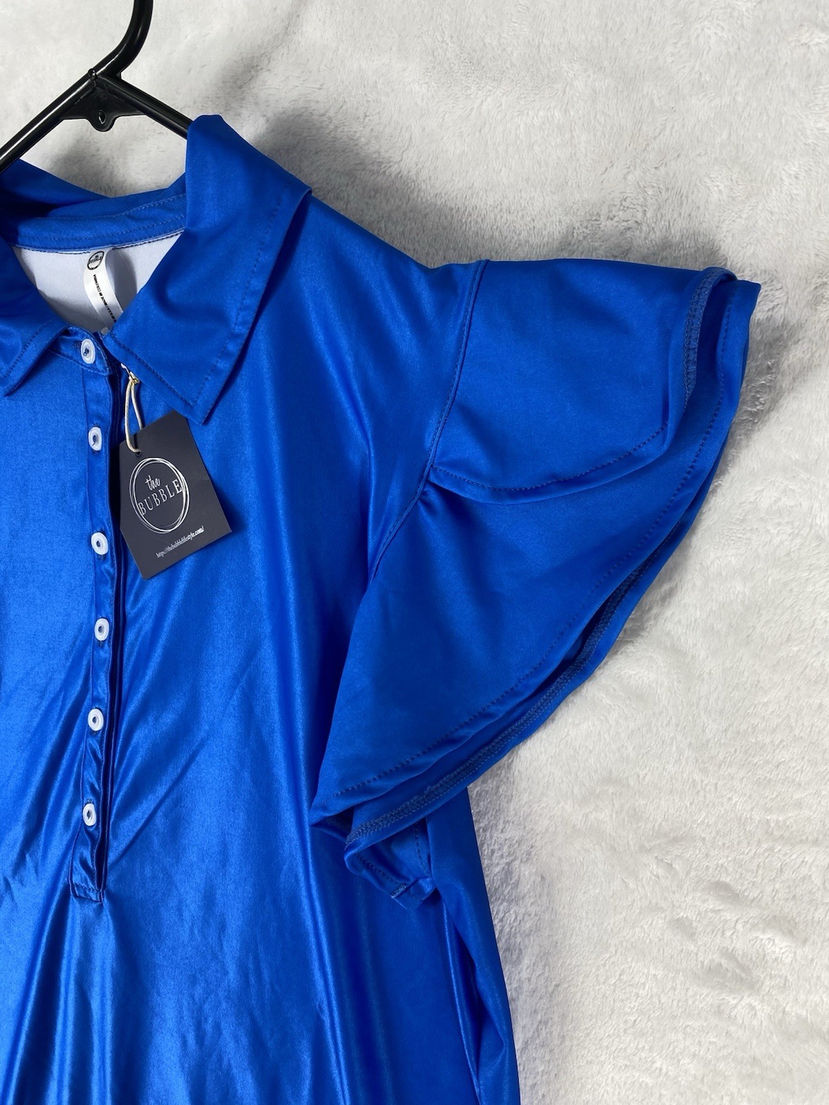 The Bubble Shirt Womens Medium Flutter Sleeve Polo Tennis Golf Top Blue NEW $116