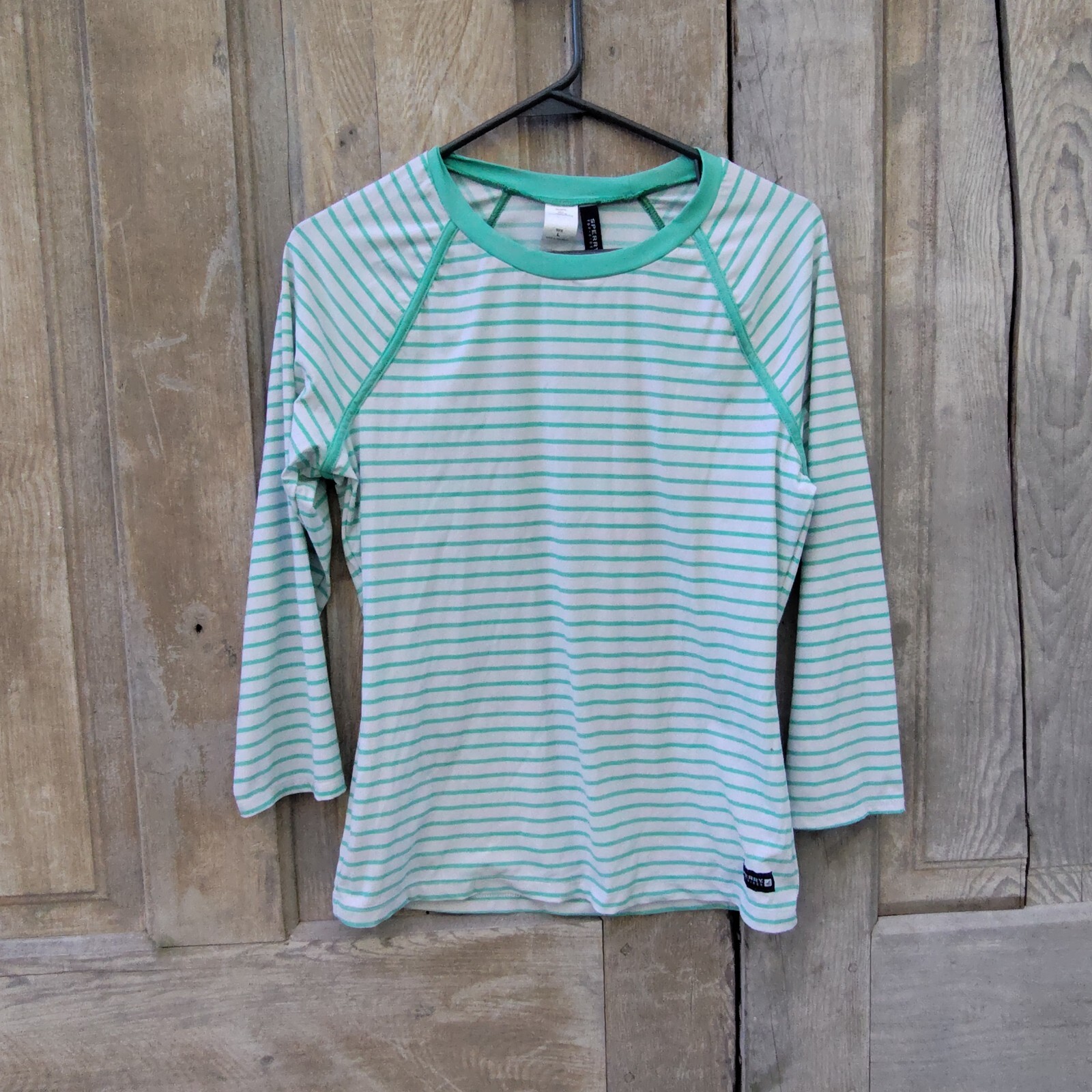 Sperry White Mint Green Striped Shirt Rash Guard Active Sports Nautical Women L