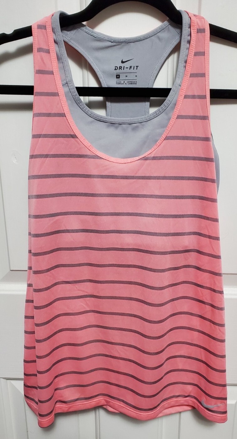 Womens Dri-Fit Nike Workout Tank with Attached Bra Light Coral Gray Striped Sz M