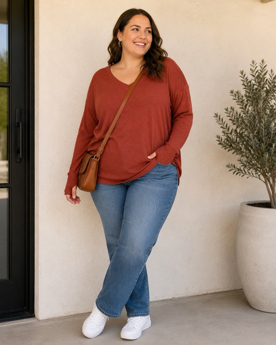 Athleta Rust Long Sleeve Top Vneck Athletic Activewear Plus Thumbholes 3X
