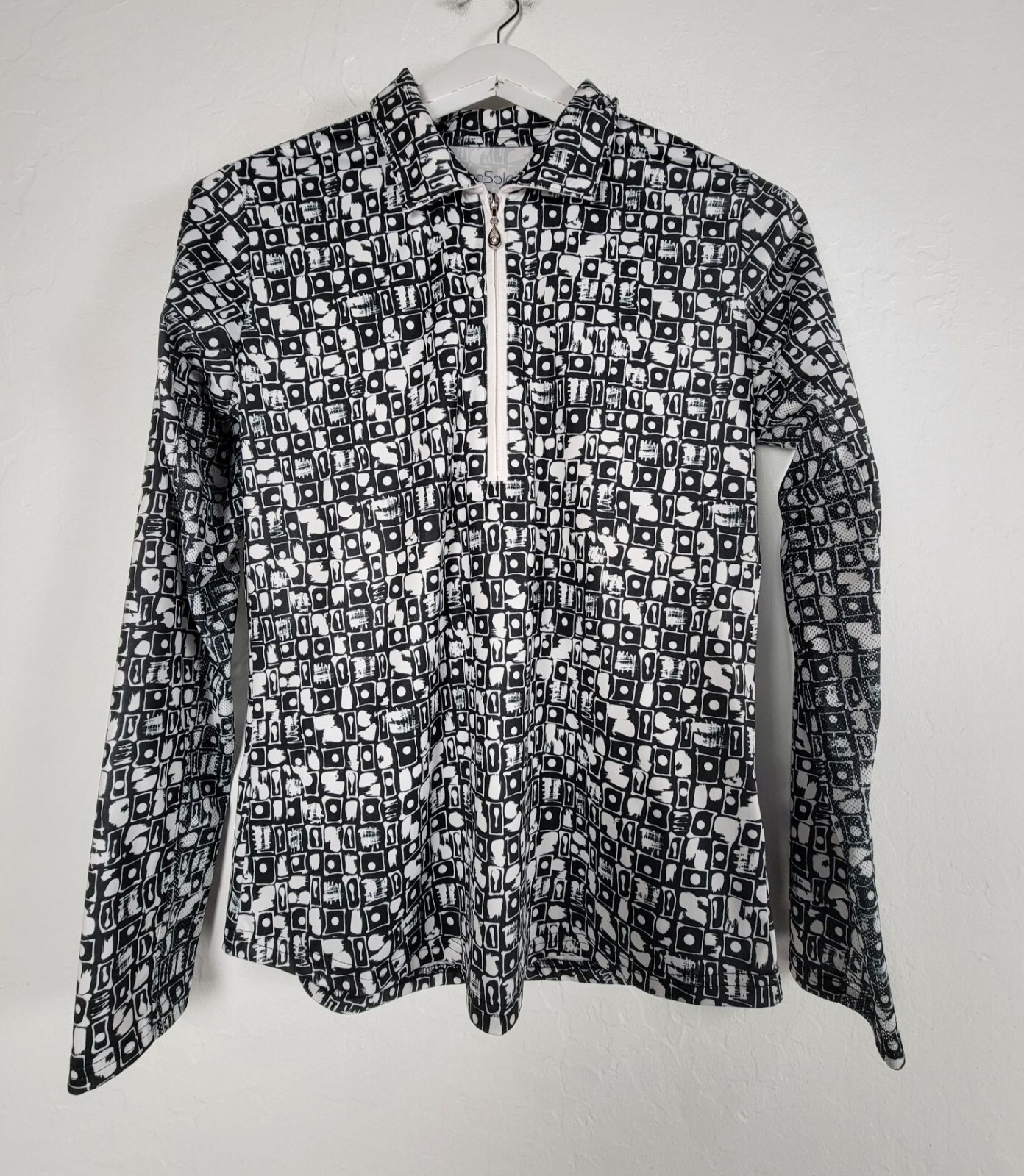 SanSoleil Womens Geometric Long Sleeve 1/4 Zip Pullover Shirt Small Black UV 50+