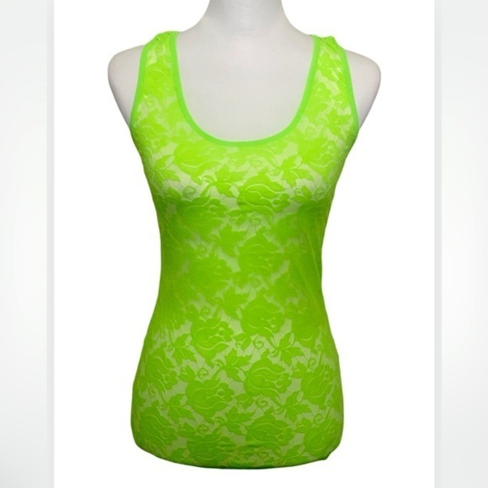 NEW Neon Green Lace Sheer Floral Stretch Racerback Tank Top 80s 90s Retro