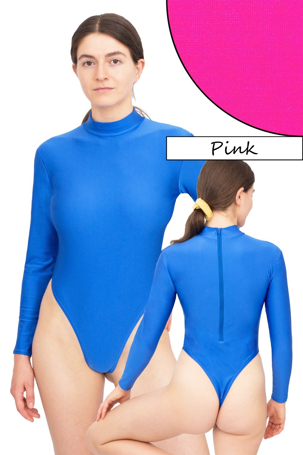 Ladies string body long sleeves back zip pink leotard stretch shiny shiny