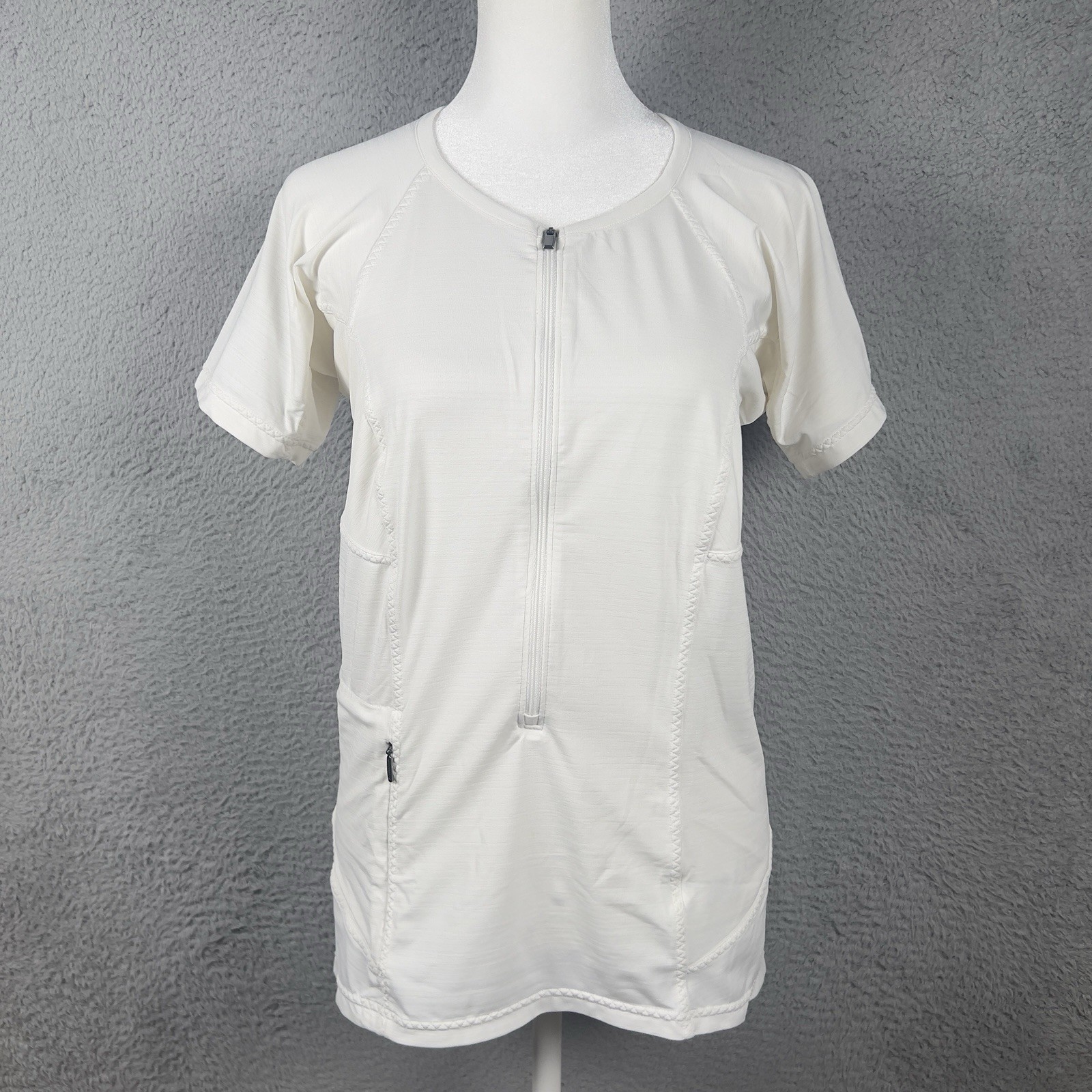 Athleta Pacífica Top Womens Medium White Half Zip Short Sleeve Athletic Preppy
