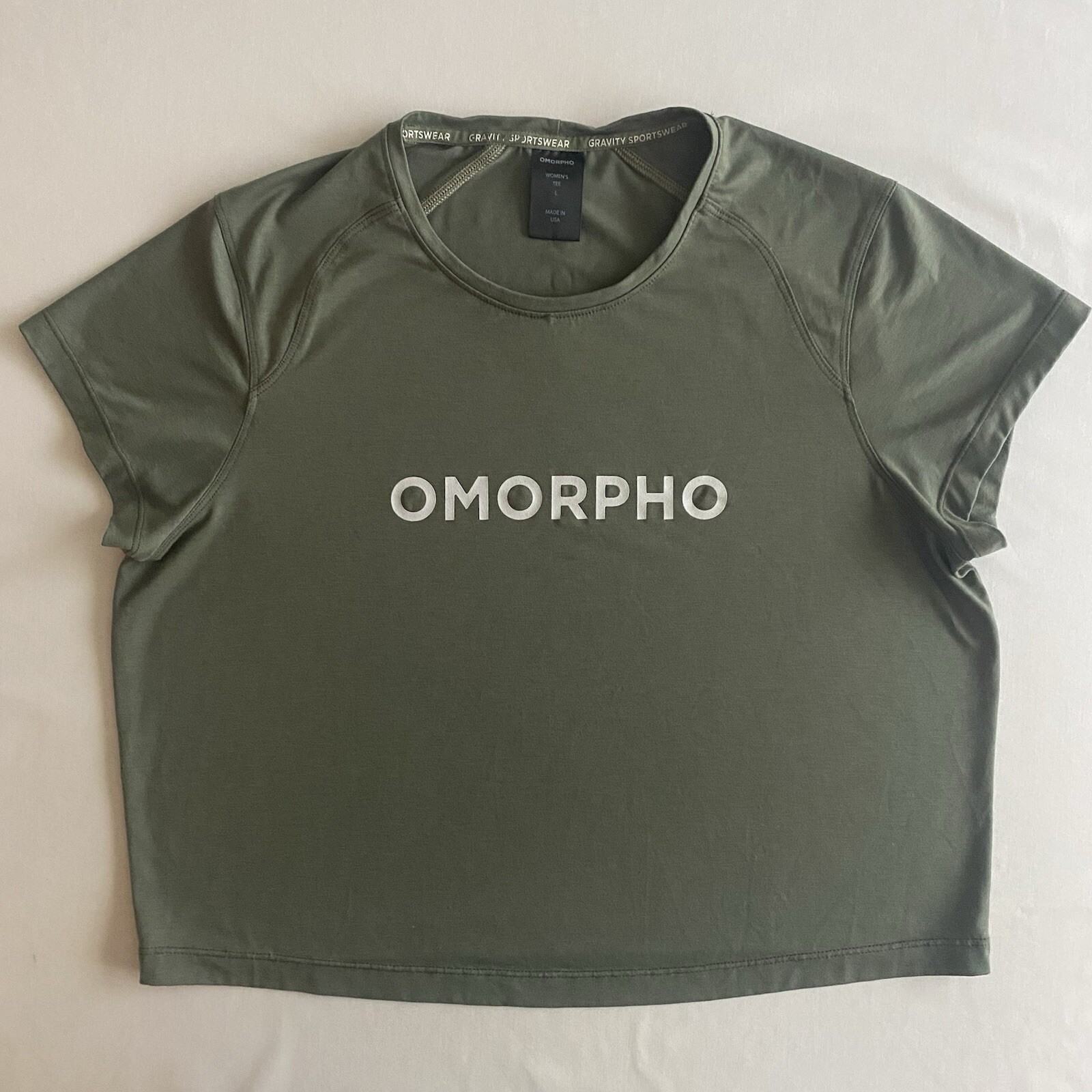 Omorpho Gravity Sportswear Cropped Tee Women L USA MADE Active Wear Gym Shirt