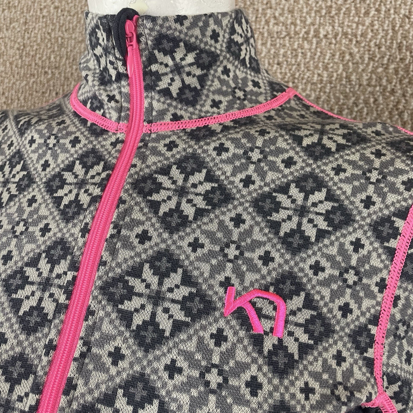 Kari Traa Pullover Womens Small 1/4 Zip Wool Fair Isle Gray Pink Long Sleeve 351