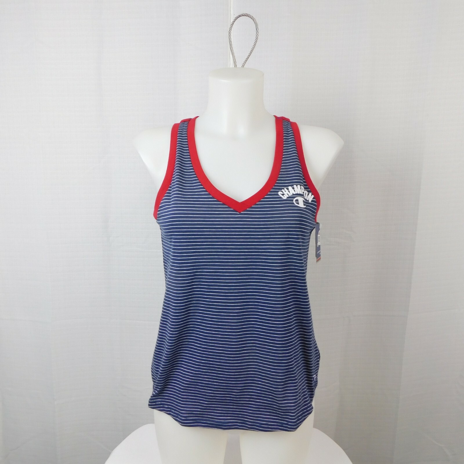 Champion Sleeveless V-Neck Logo Tank Top Navy Stripe, Small #349