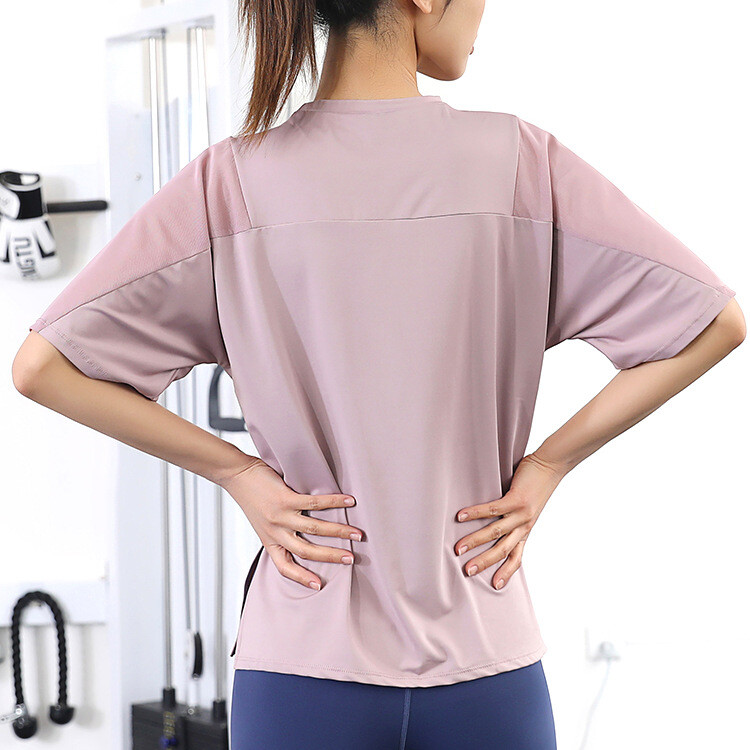 Women Quick Dry Loose Running Shirt Mesh Patchwork Sport Short Sleeve Yoga Top