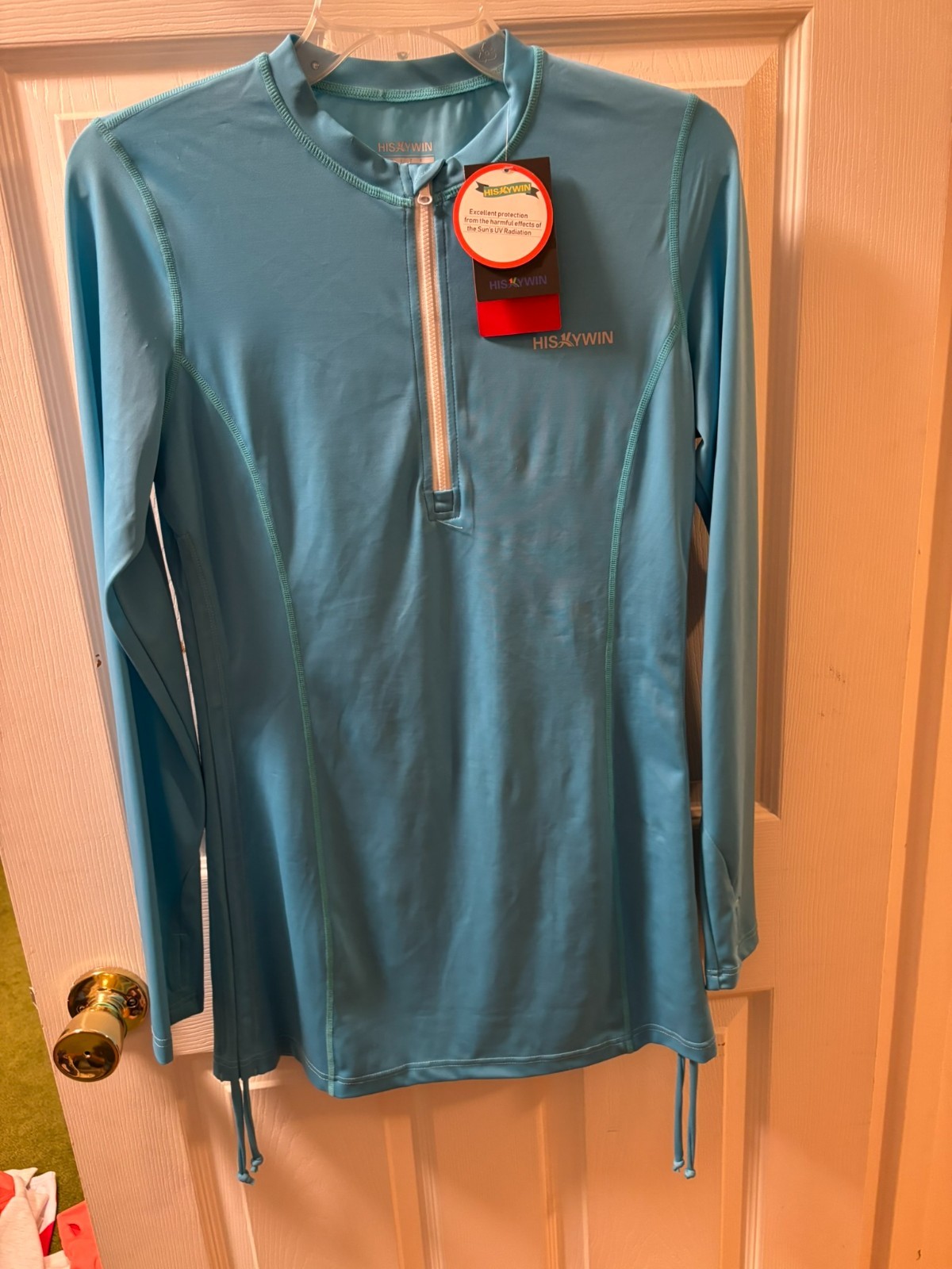 NWT HISKYWIN Womens Long Sleeve Turquoise Blue Top UPF 50+ 1/3 Zip Sz S