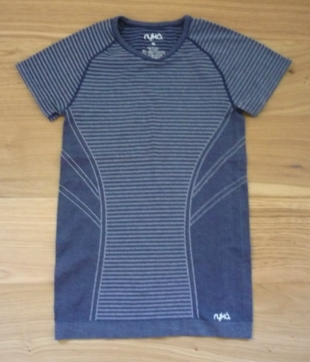 RYKA Athletic Top Women M Blue Grey Striped Yoga Shirt Top Athleisure Bodycon