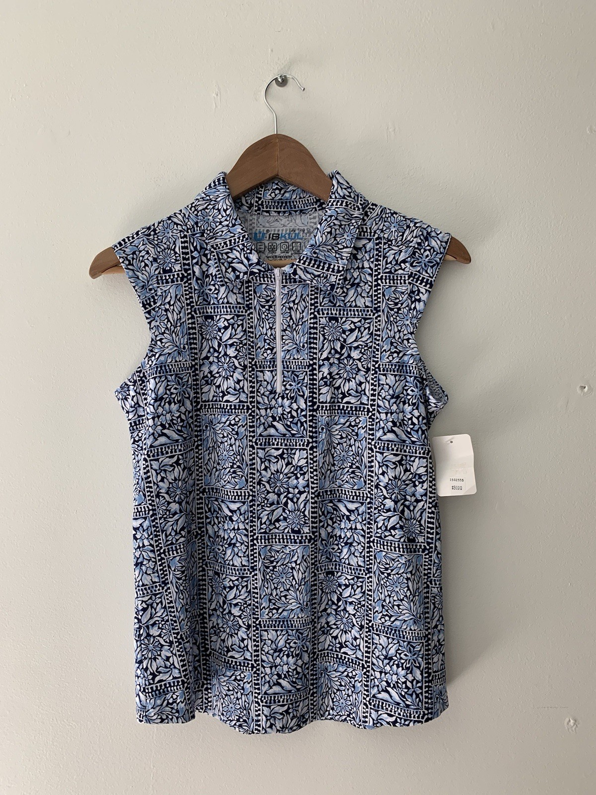 IBKUL Josie Print Sleeveless Polo Blue S UPF 50+ Pickleball Tennis Golf Icefil